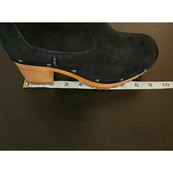 Ugg Thebes Black Suede Fur Lined Clog Boots Size 6 Chunky Platform Boho Winter - Picture 10 of 12